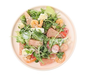 Delicious pomelo salad with shrimps and cheese on white background, top view