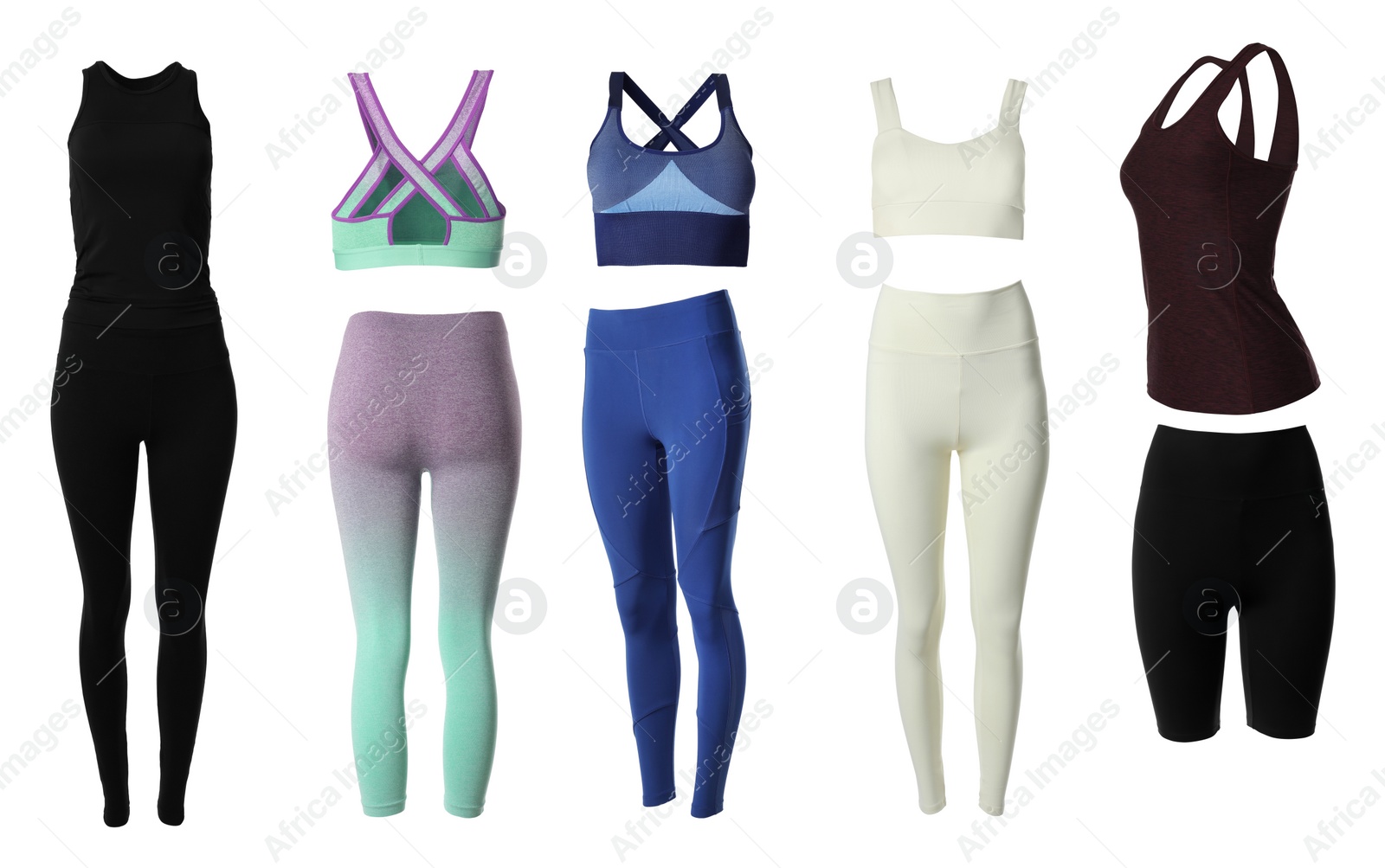 Image of Collection of stylish sportswear on white background