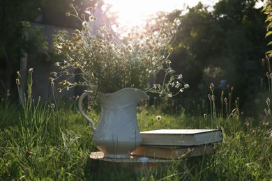 Photo of Books and jug with chamomiles on green grass outdoors