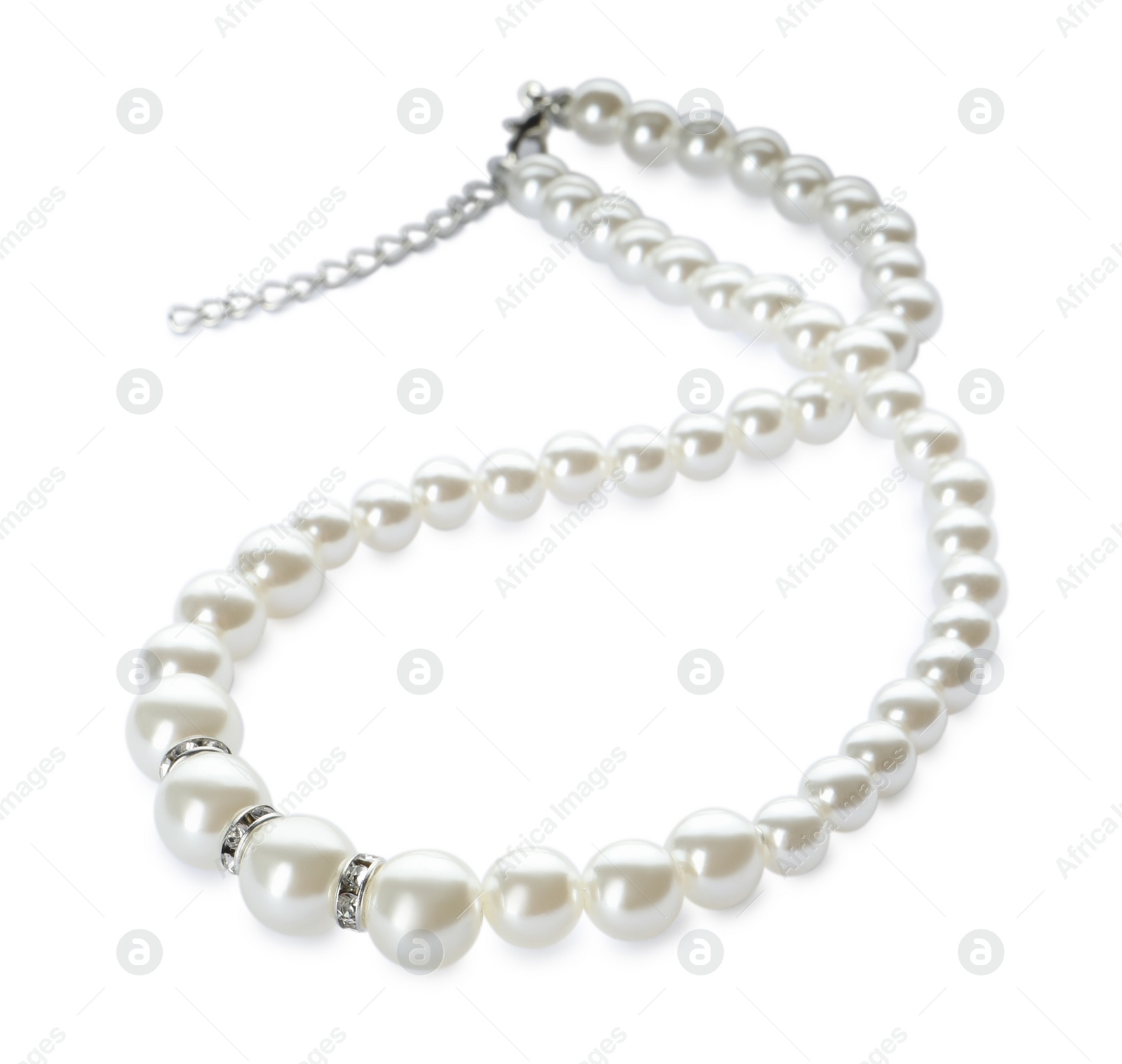 Photo of Elegant pearl necklace isolated on white. Luxury jewelry