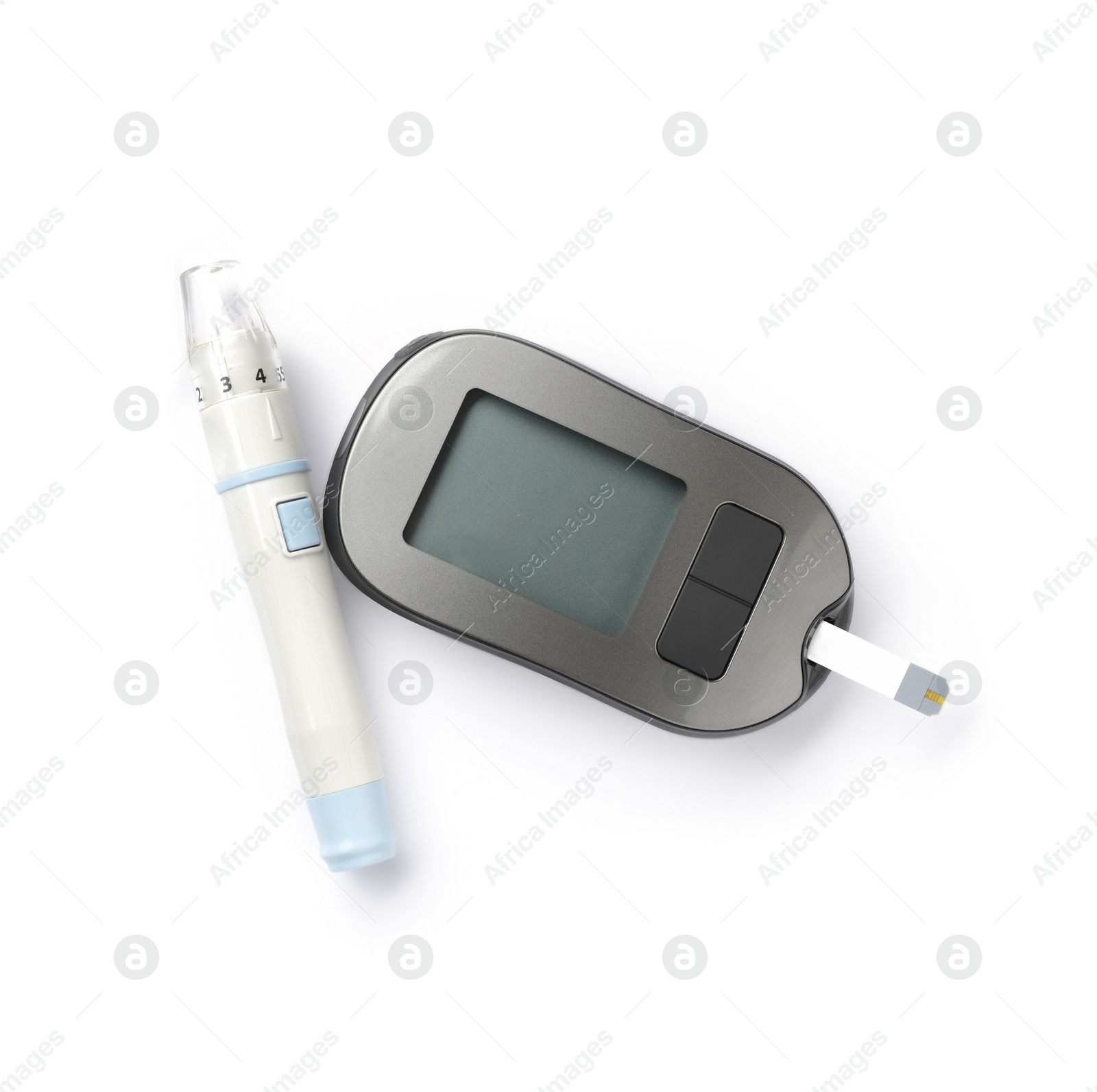 Photo of Modern glucometer with test strip and lancet pen on white background, top view