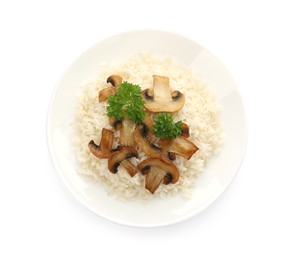 Plate with delicious rice with parsley and mushrooms isolated on white, top view