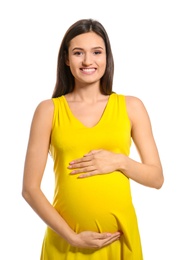 Young pregnant woman in casual clothes on white background