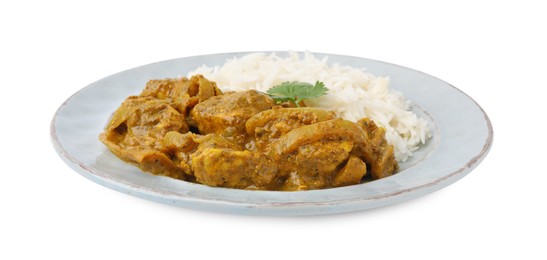 Photo of Delicious chicken curry with rice isolated on white