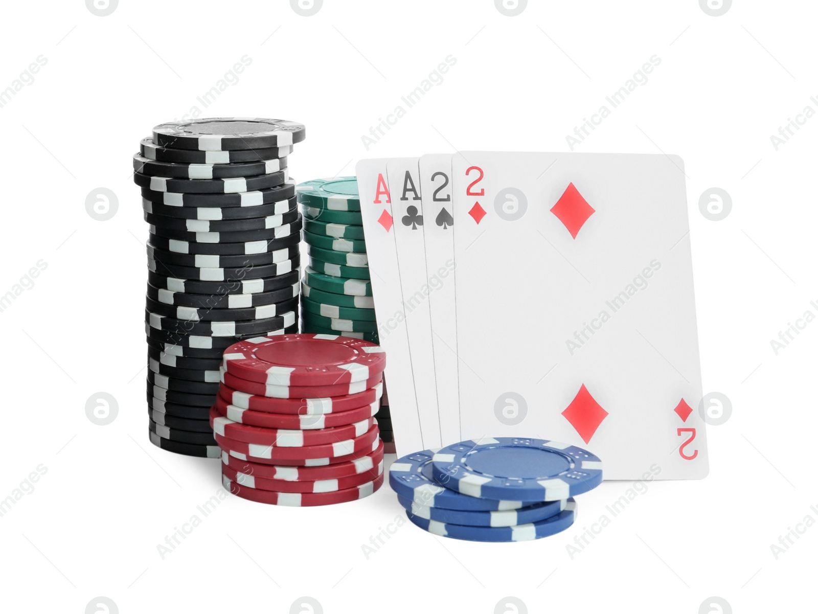 Photo of Playing cards and plastic casino chips on white background. Poker game