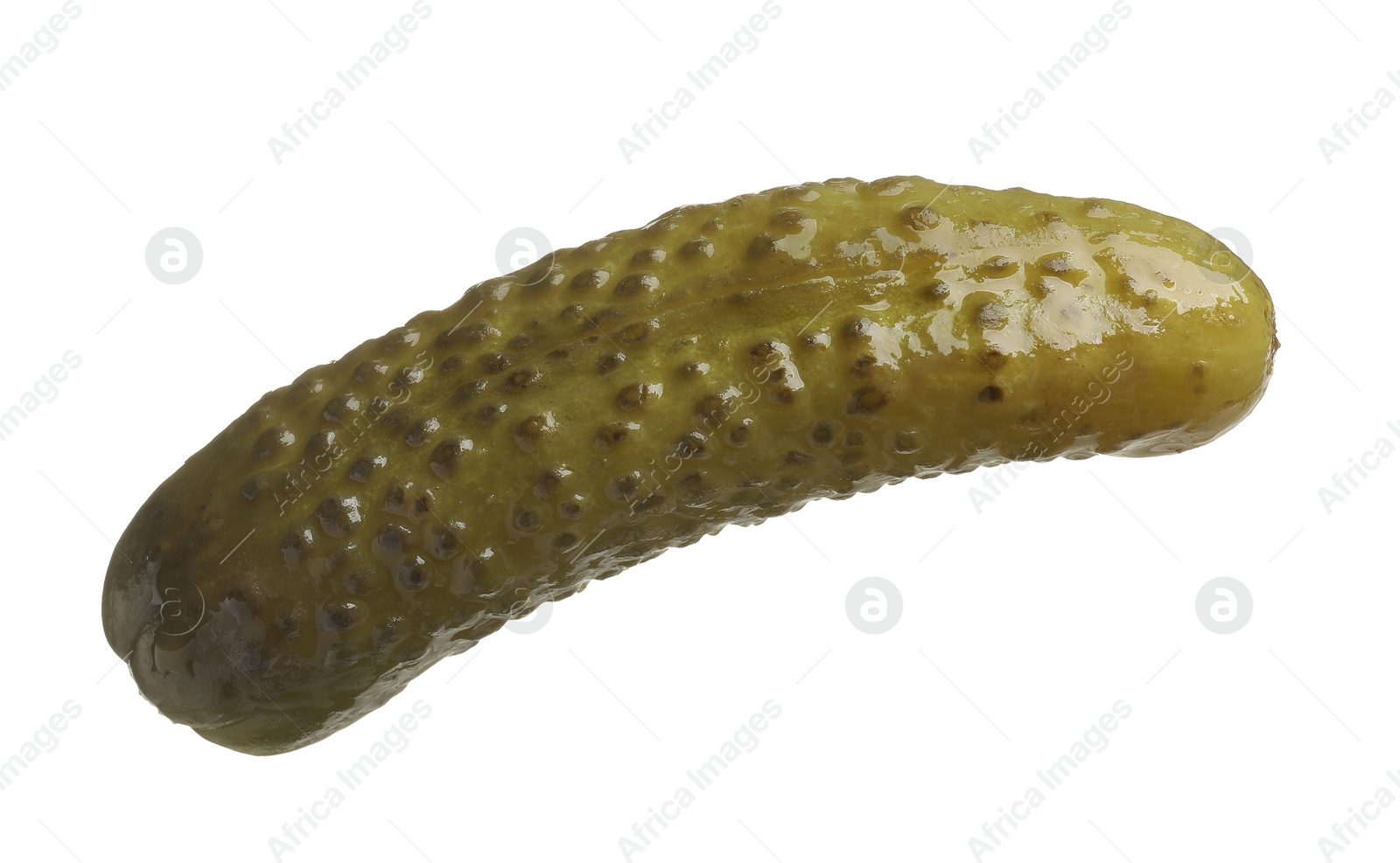 Photo of One tasty pickled cucumber isolated on white