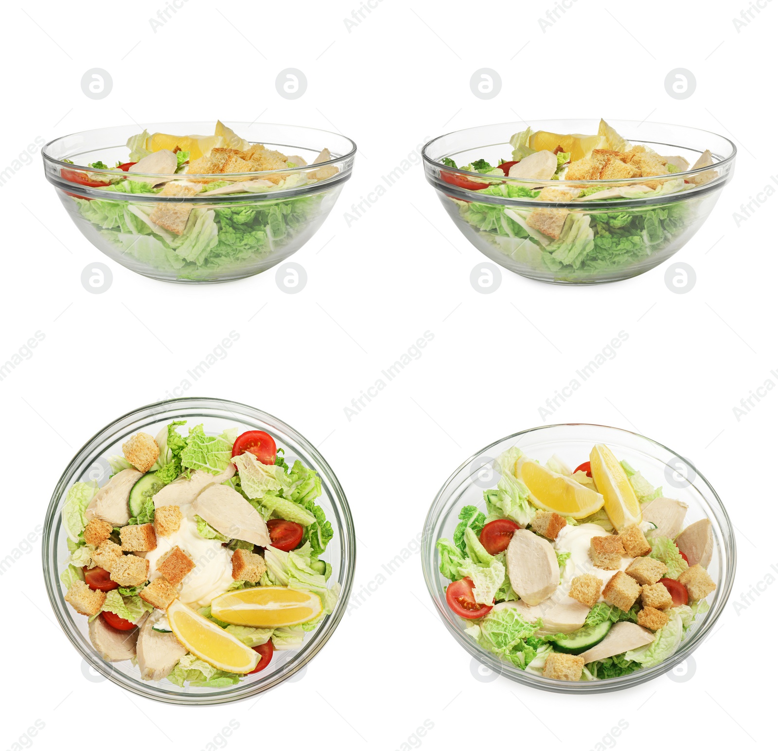 Image of Bowl of tasty salad with Chinese cabbage, meat and bread croutons on white background, different sides. Collage design