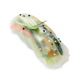 Tasty spring roll with sesame seeds and microgreens isolated on white