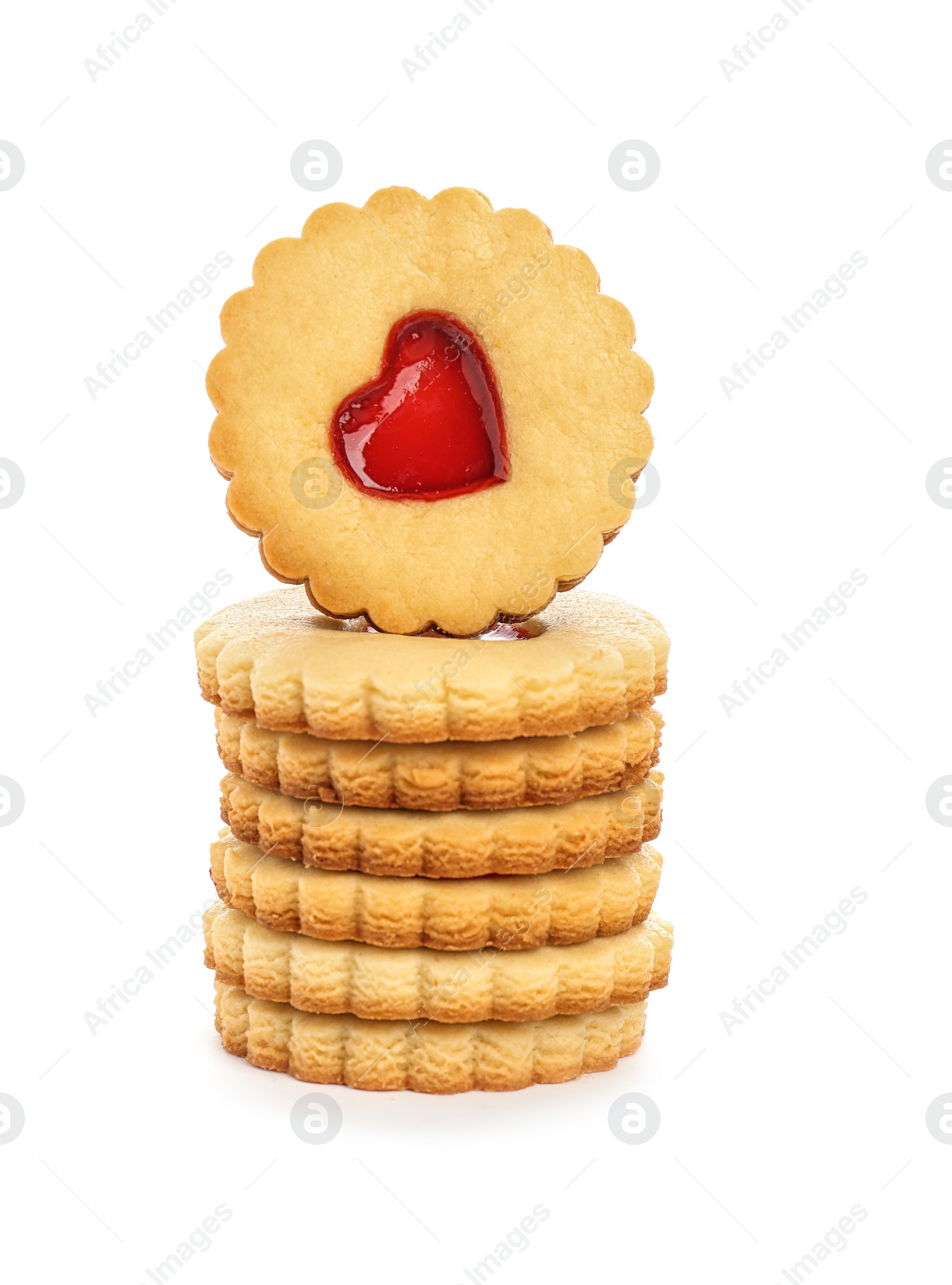 Photo of Traditional Christmas Linzer cookies with sweet jam on white background