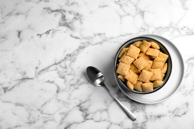 Delicious corn pads served on white marble table, flat lay. Space for text