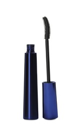 Photo of Mascara for eyelashes on white background. Makeup product
