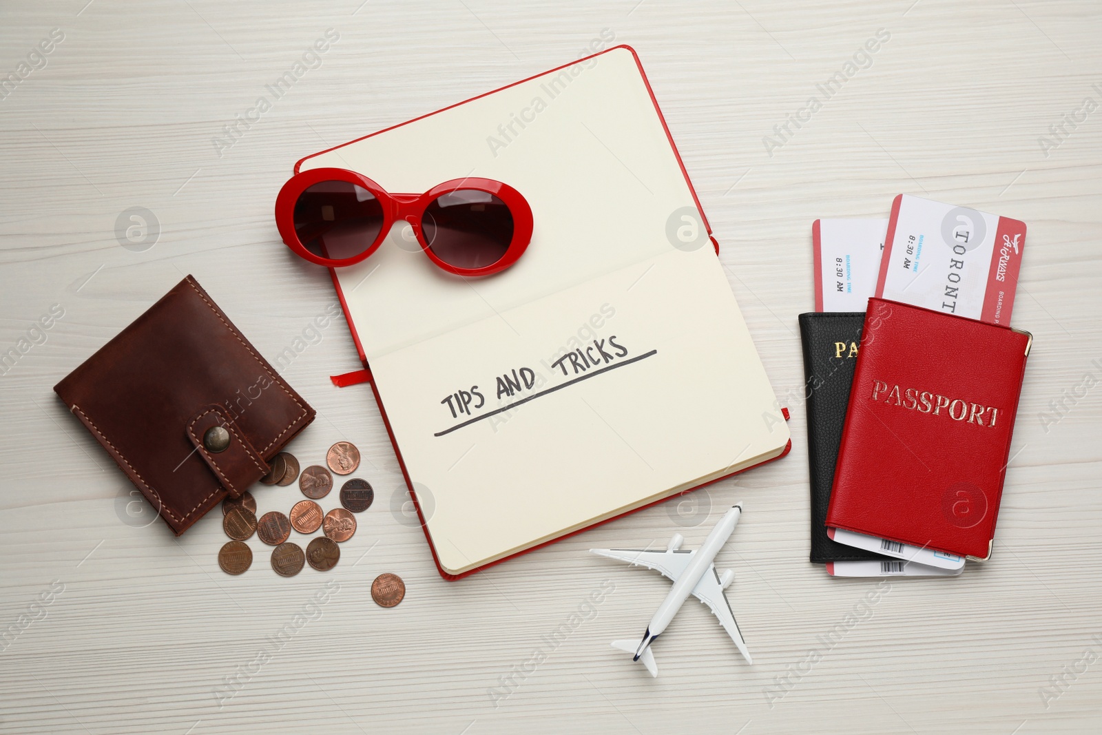 Photo of Flat lay composition with notebook on white wooden table. Tips and Tricks