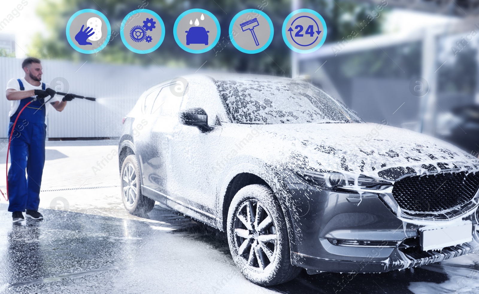 Image of Car wash, full service related icons. Man cleaning automobile with foam