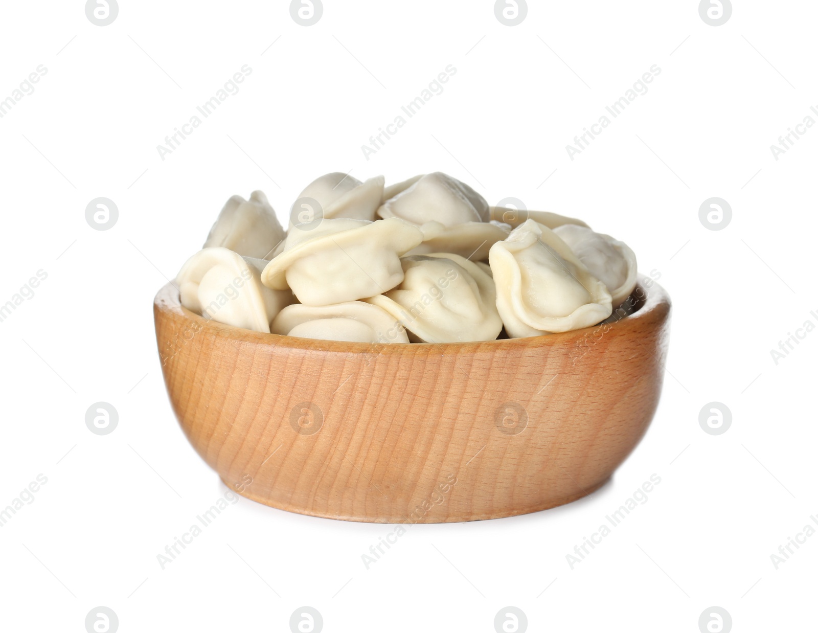 Photo of Bowl with tasty dumplings isolated on white