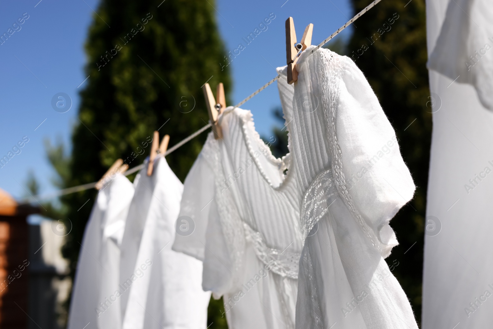 Photo of Clean clothes hanging on washing line in garden. Drying laundry