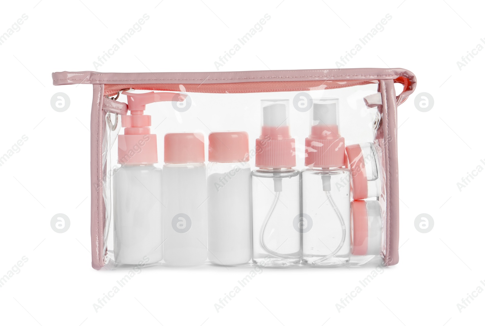 Photo of Cosmetic travel kit in plastic bag isolated on white