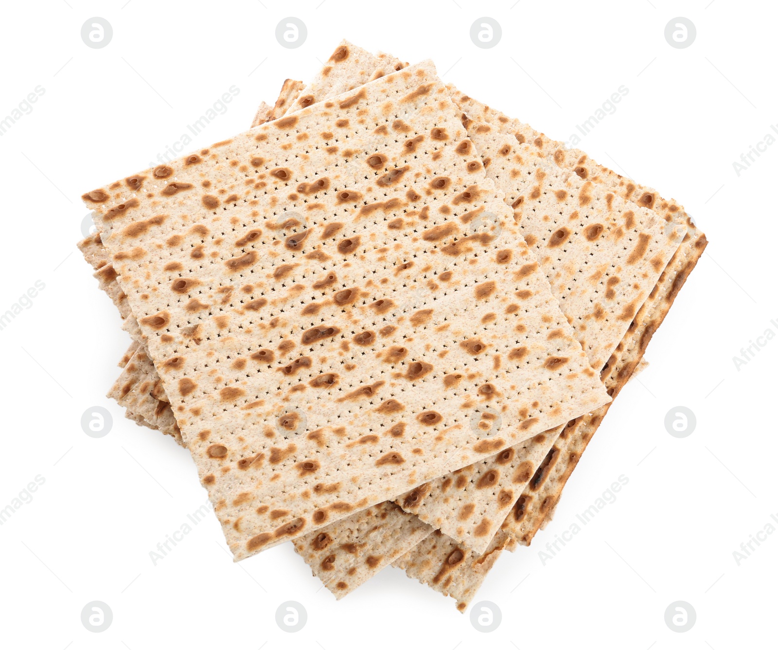 Photo of Passover matzos isolated on white, top view. Pesach celebration