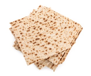 Photo of Passover matzos isolated on white, top view. Pesach celebration