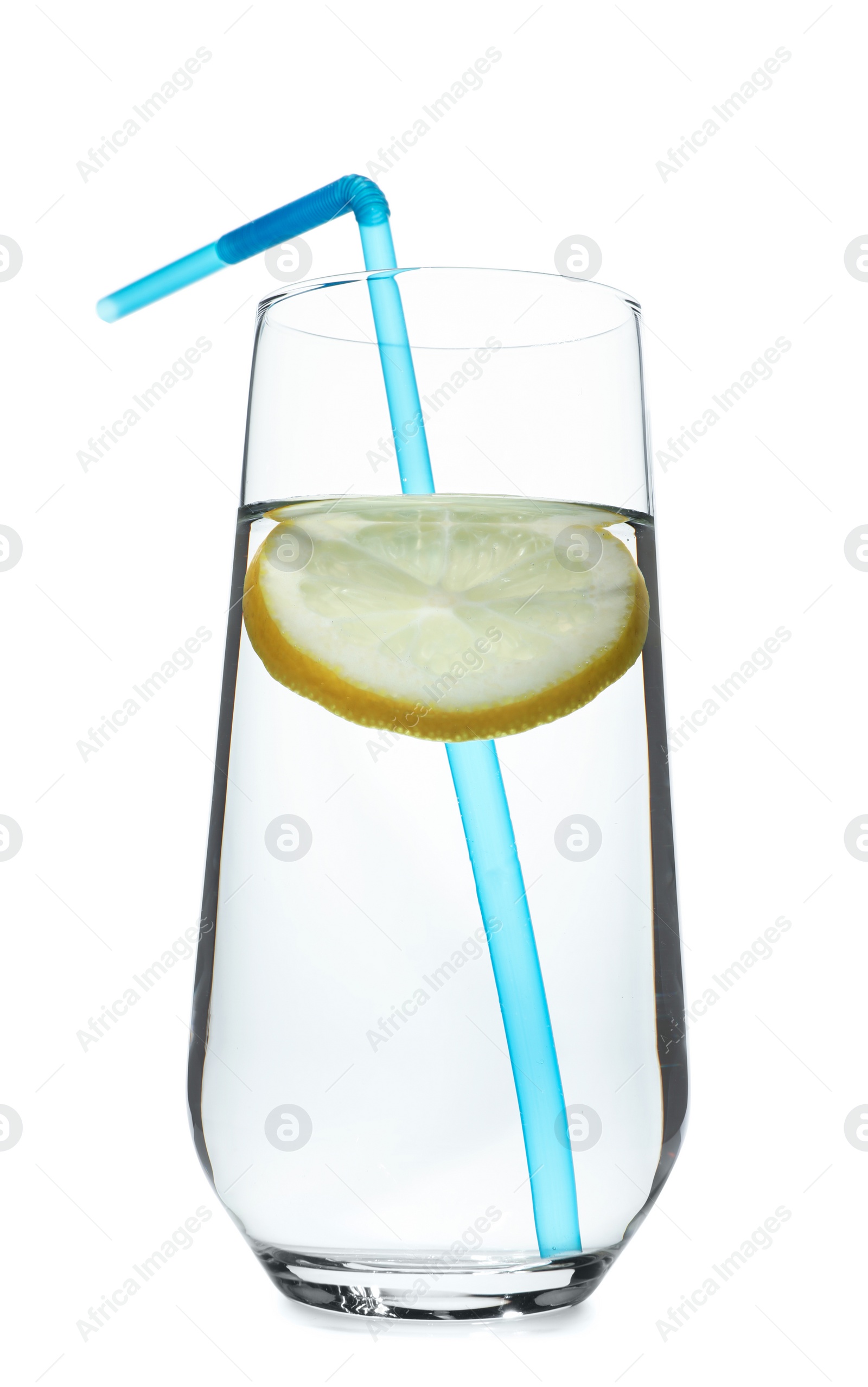 Photo of Glass of water with lemon and straw on white background. Refreshing drink