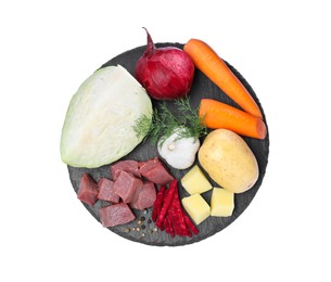 Ingredients for traditional borscht on white background, top view