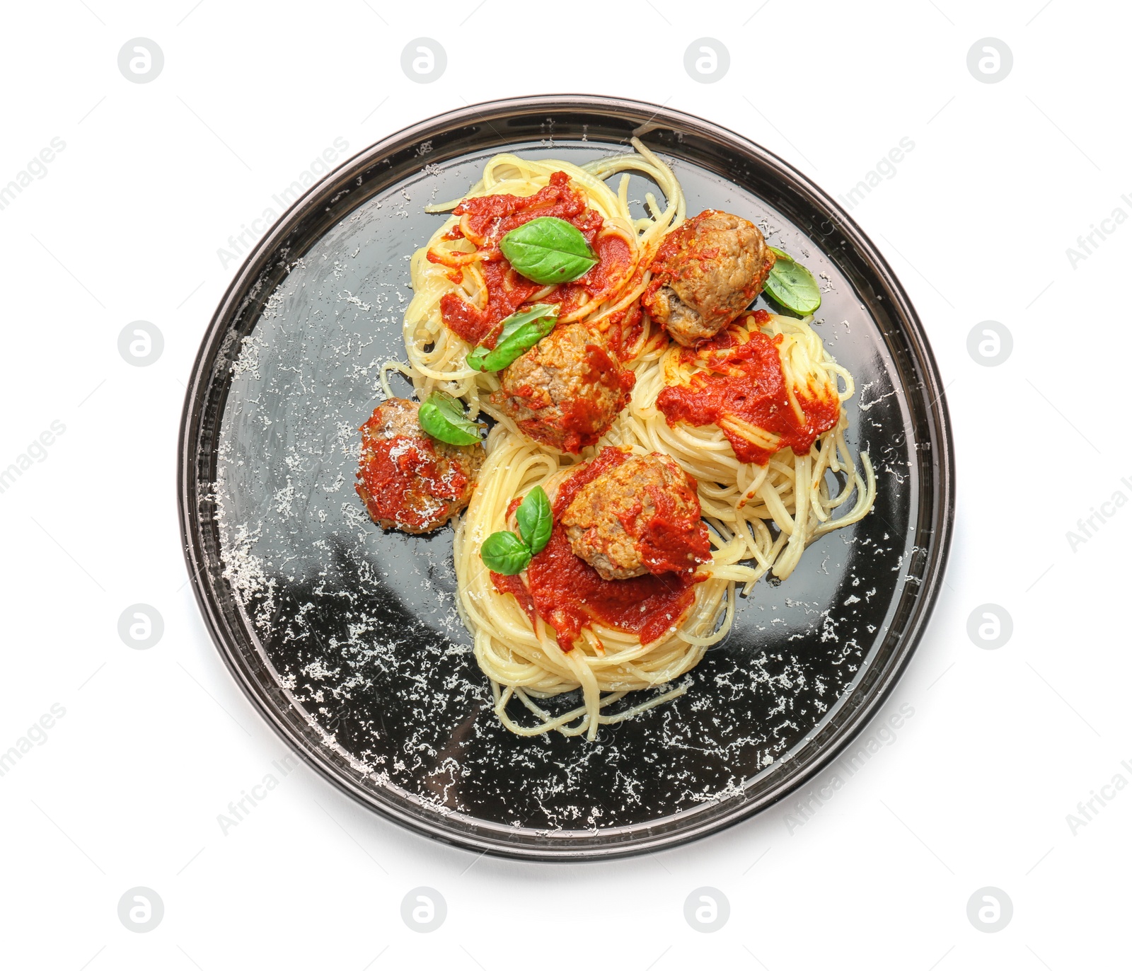 Photo of Delicious pasta with meatballs and tomato sauce on plate, isolated on white