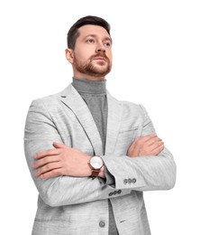 Photo of Handsome bearded businessman in suit on white background