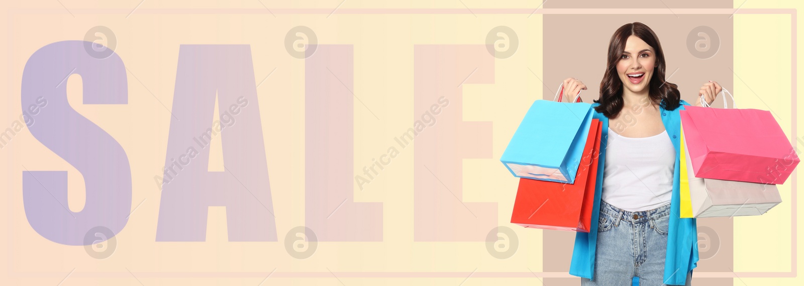 Image of Sale banner or flyer design. Beautiful young woman with paper shopping bags on beige gradient background