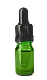 Photo of Cosmetic bottle and pipette with essential oil on white background