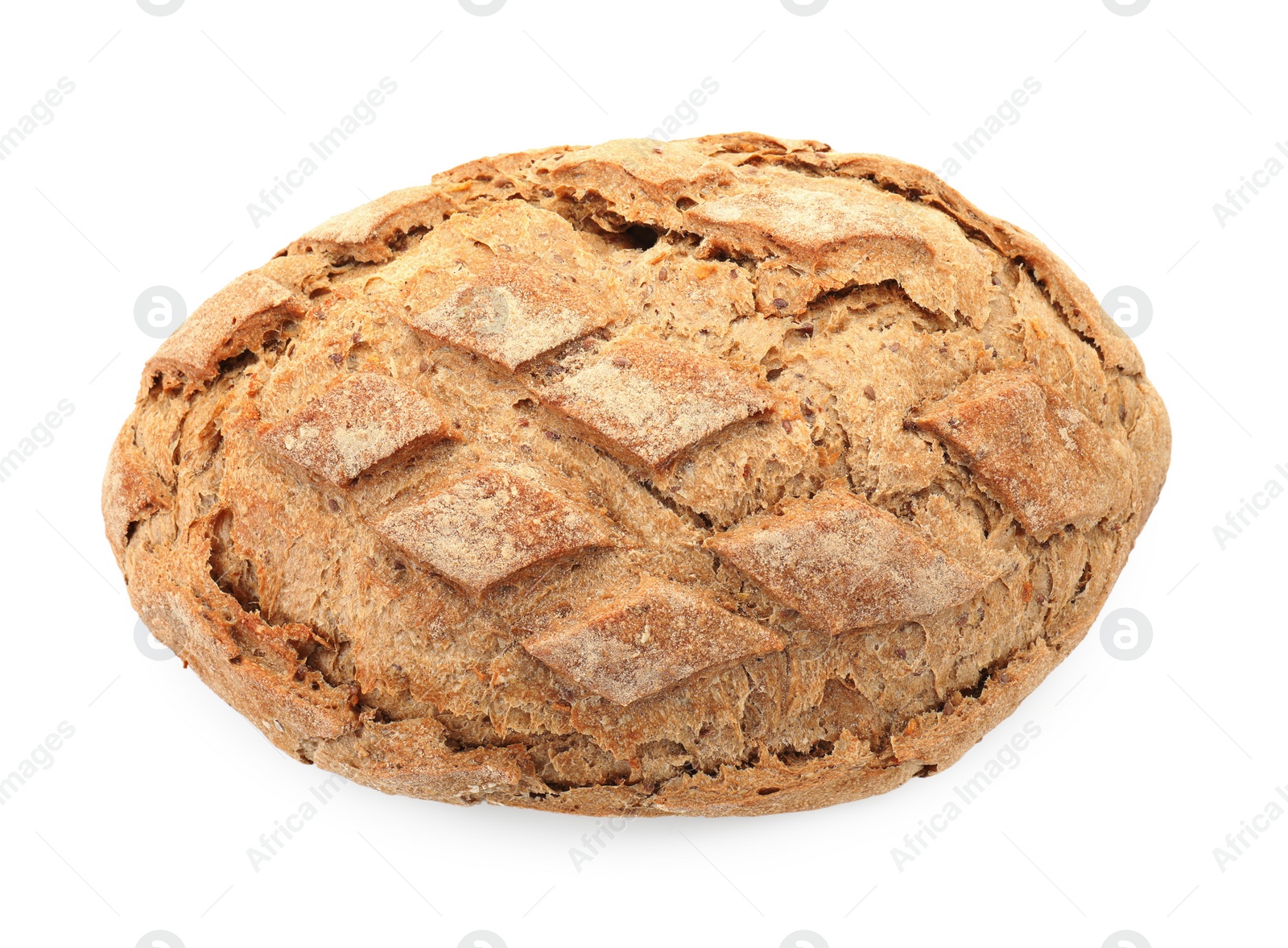 Photo of Freshly baked sourdough bread isolated on white, top view