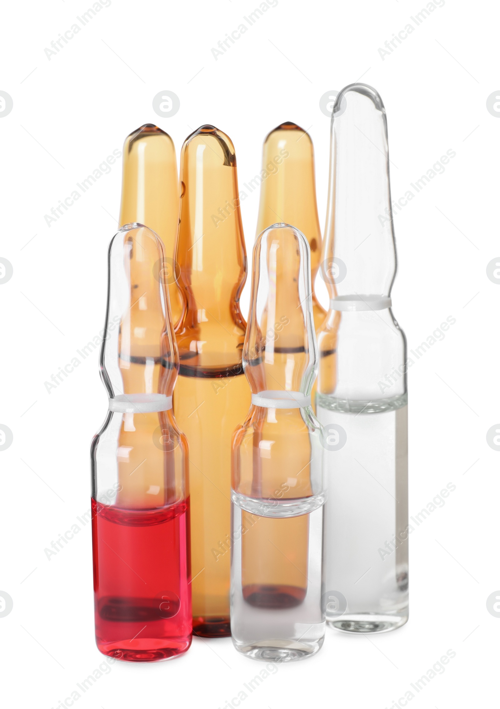 Photo of Different ampoules with pharmaceutical products on white background