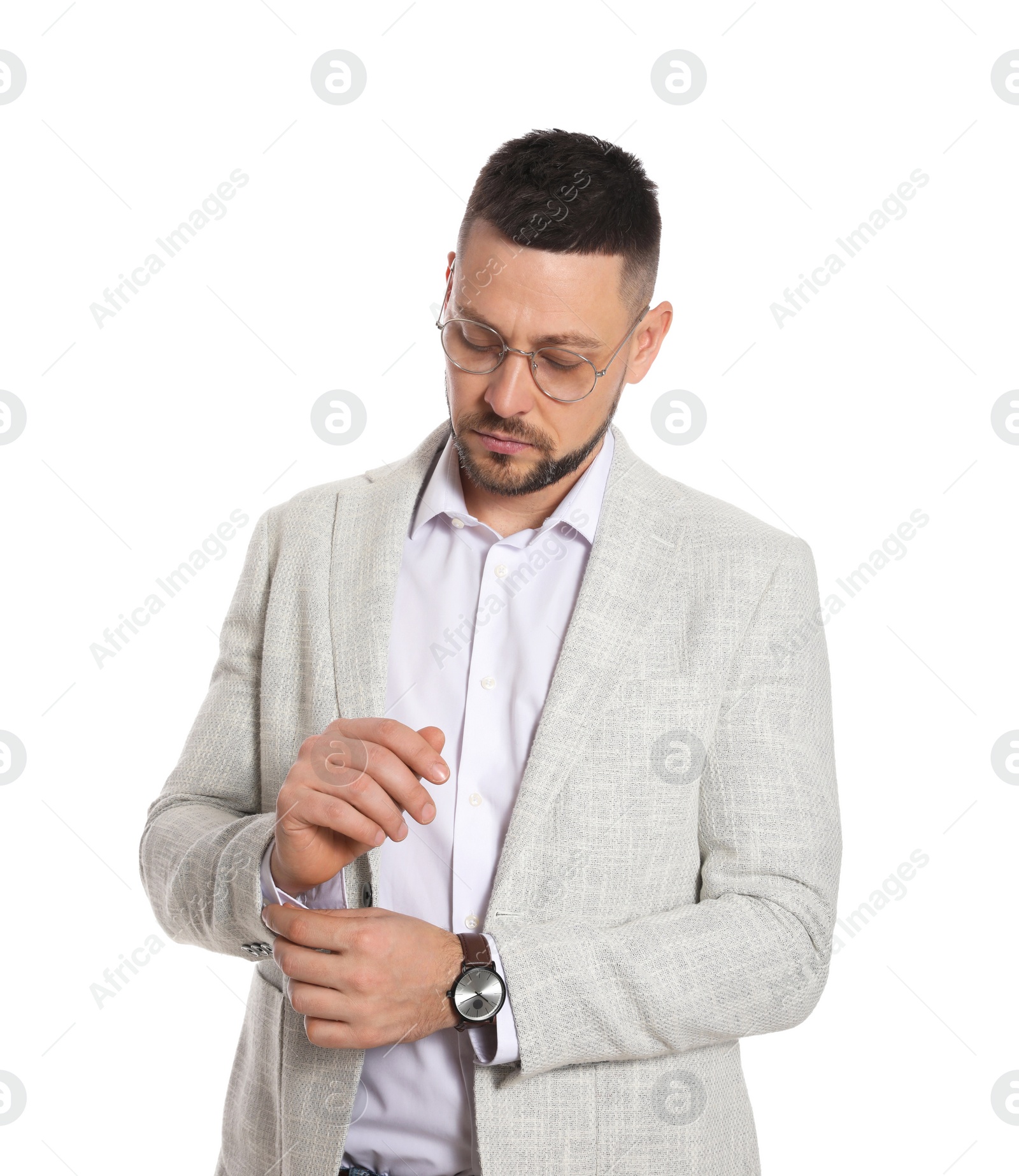 Photo of Confident businessman in glasses on white background