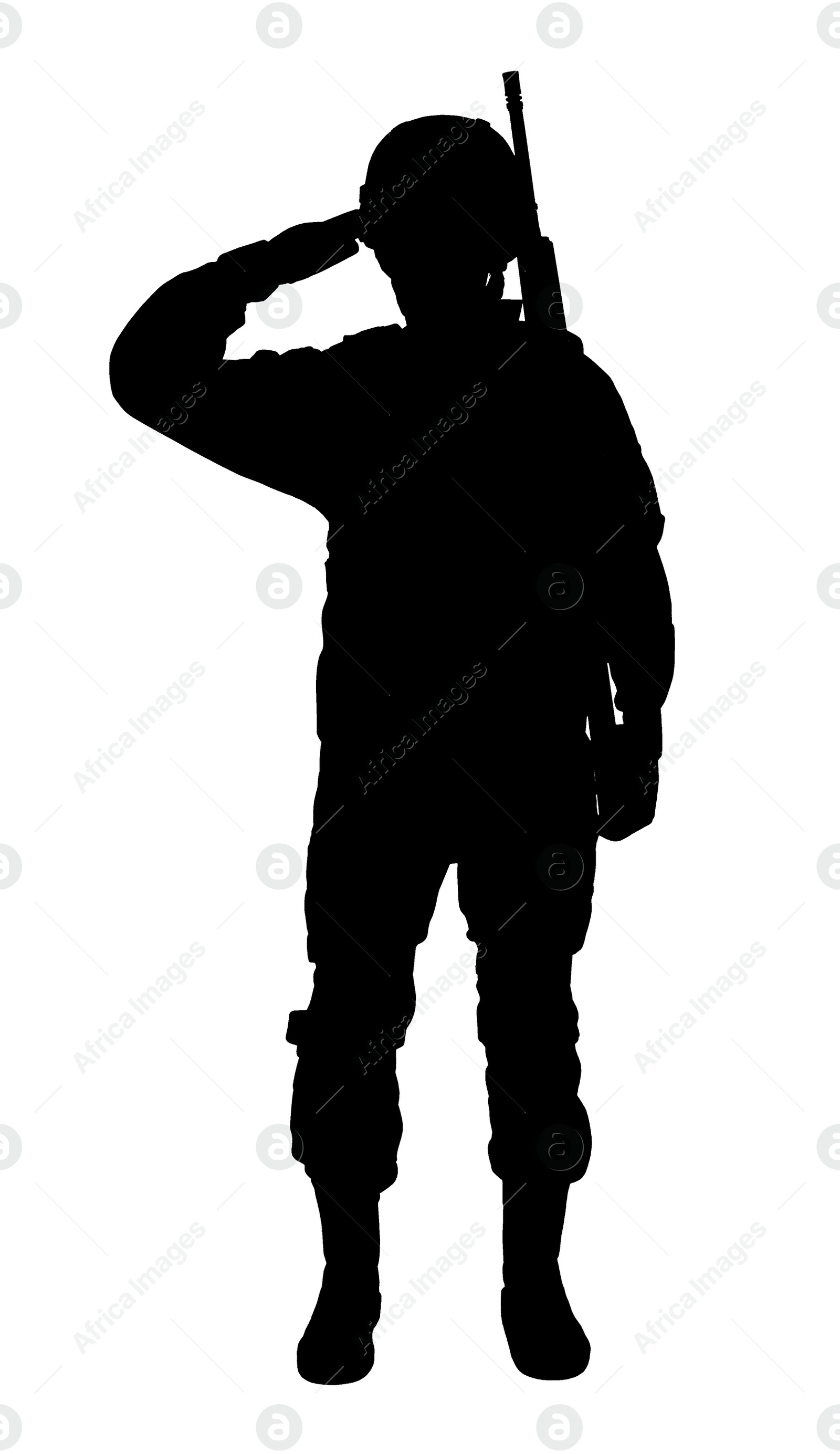 Image of Silhouette of soldier with assault rifle on white background. Military service