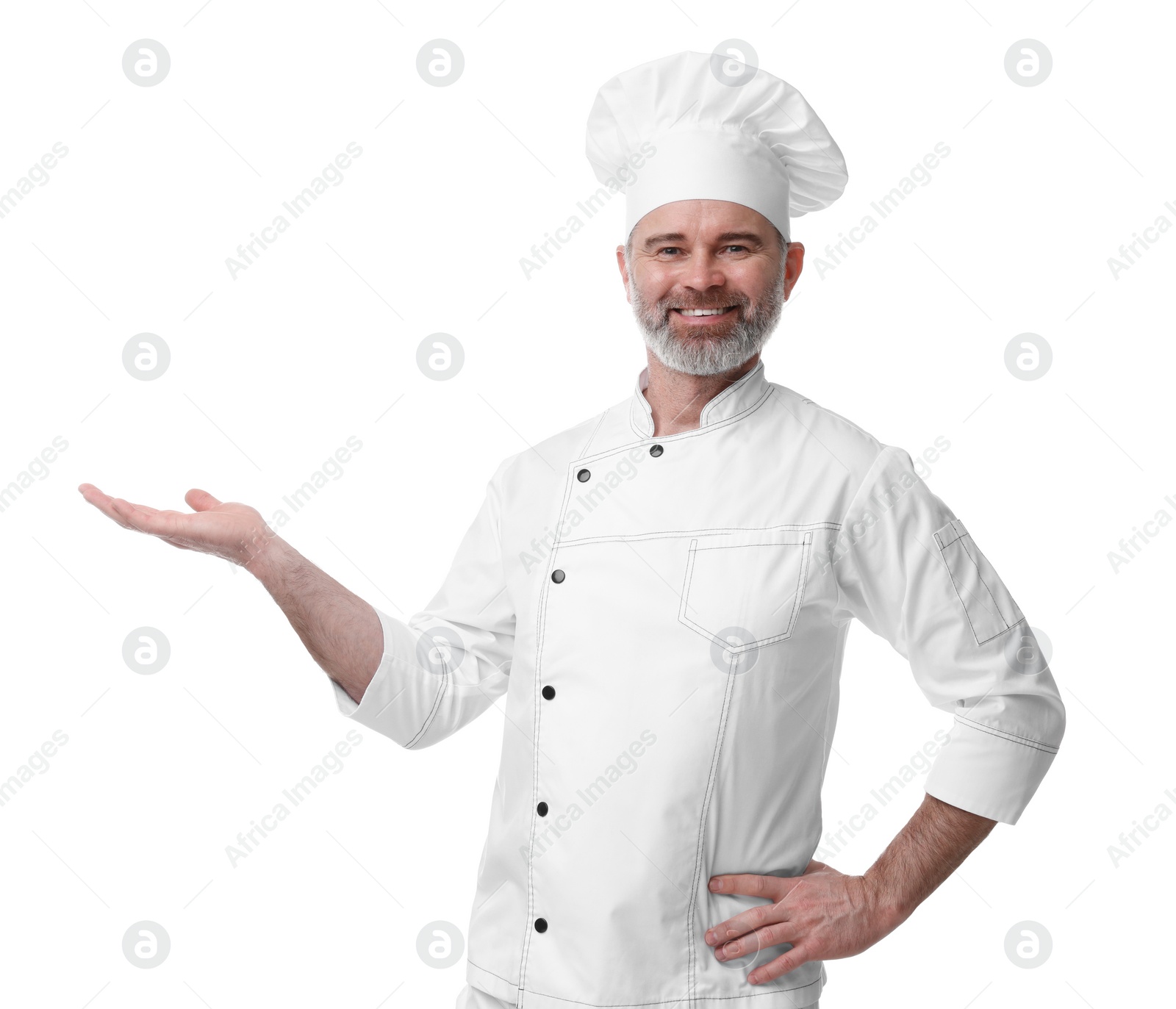 Photo of Happy chef in uniform posing on white background