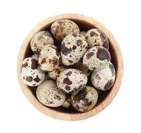 Photo of Wooden bowl with quail eggs isolated on white, top view