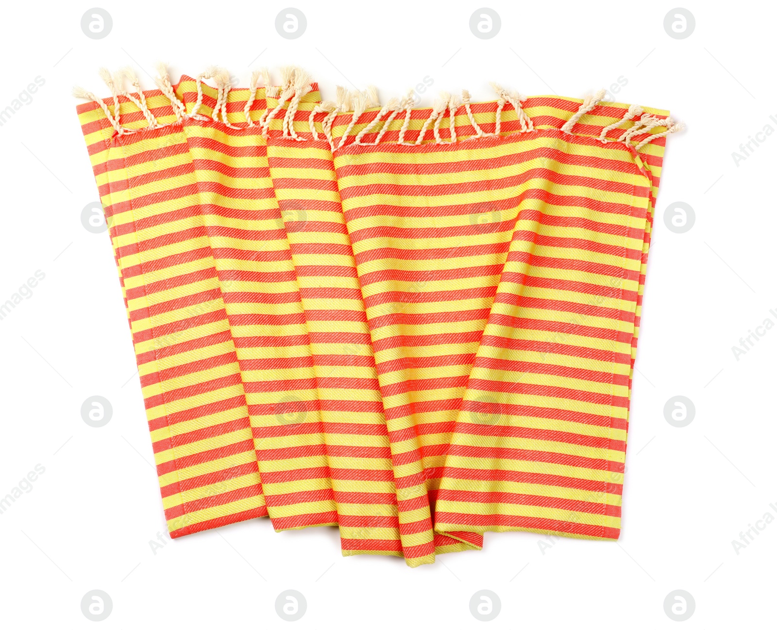 Photo of Striped beach towel isolated on white, top view