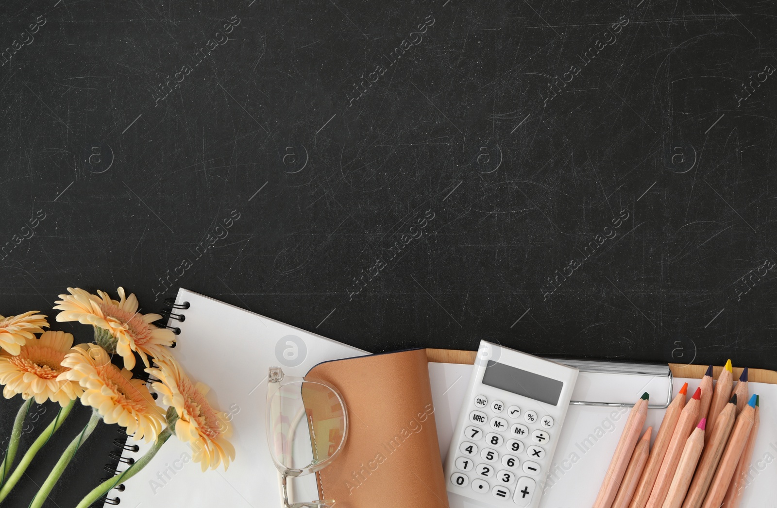 Photo of Different school stationery and beautiful flowers on blackboard, flat lay with space for text. Happy Teacher's Day