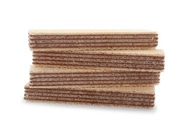 Delicious crispy wafers on white background. Sweet food