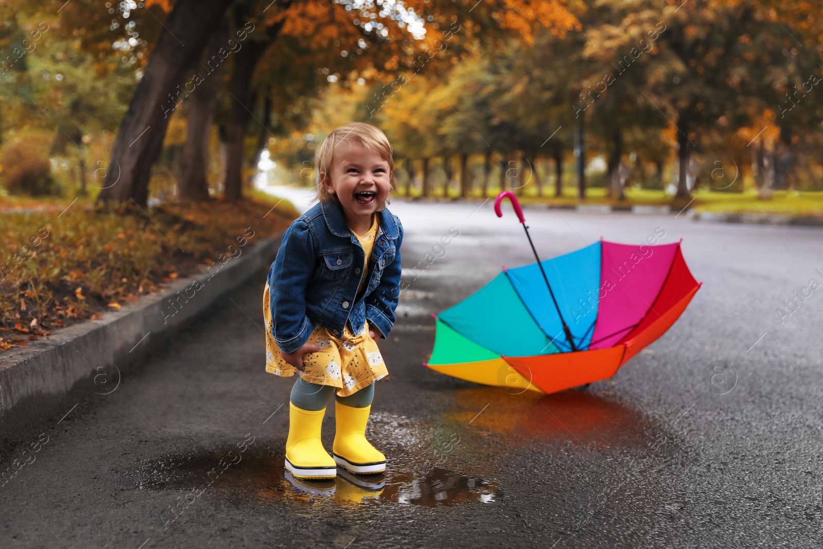 Photo of Cute little girl standing in puddle near colorful umbrella outdoors