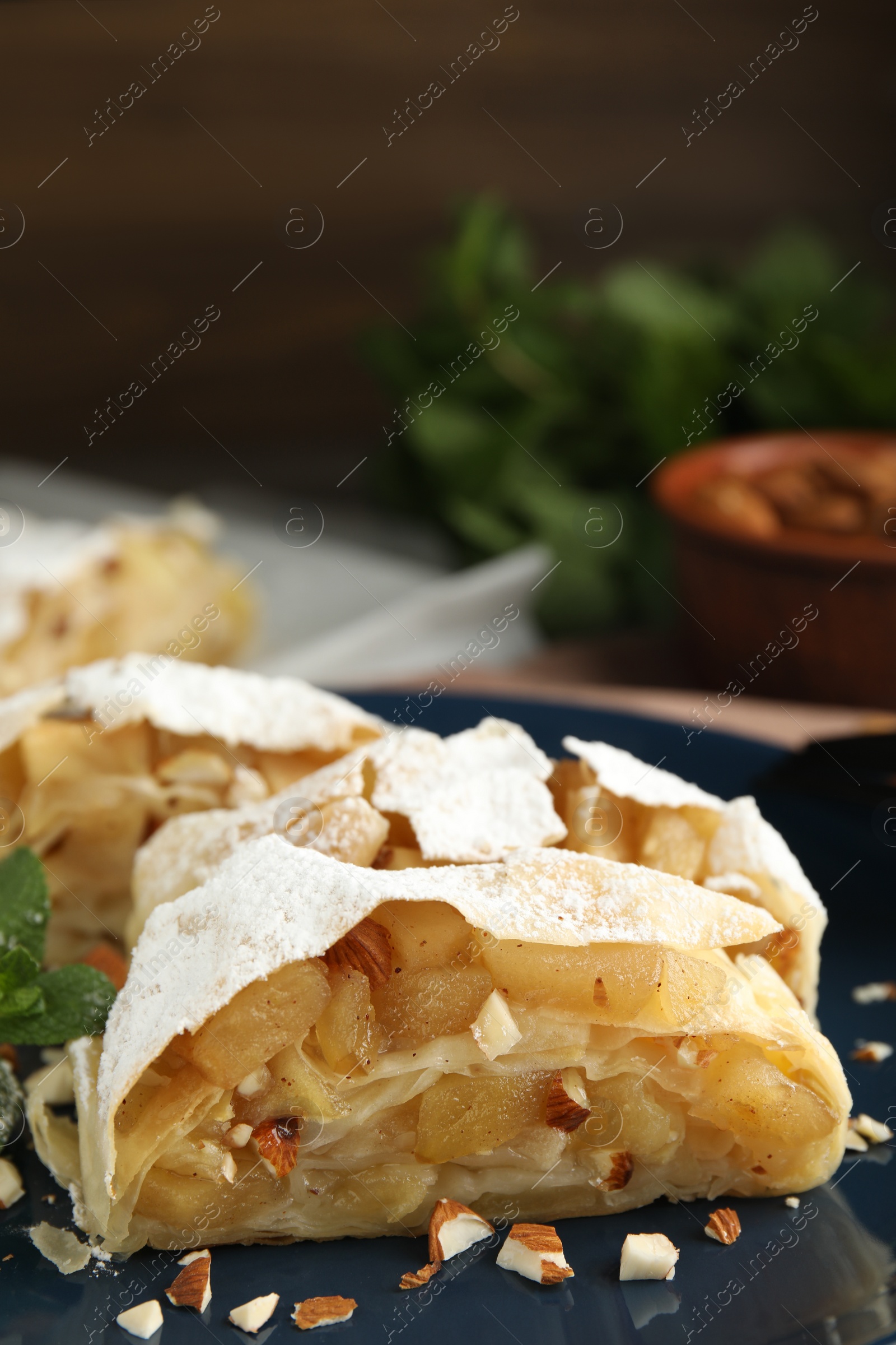 Photo of Delicious apple strudel with almonds, powdered sugar and mint on plate, closeup. Space for text