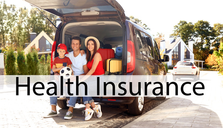Happy family sitting in car trunk outdoors. Health insurance