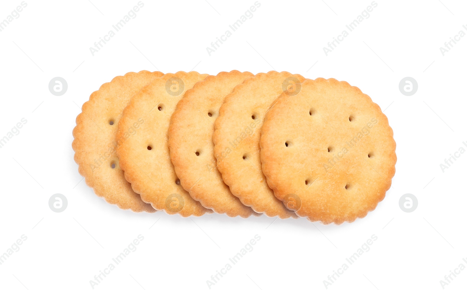 Photo of Many crispy crackers isolated on white, top view. Delicious snack