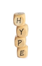 Image of Word Hype of wooden cubes with letters on white background