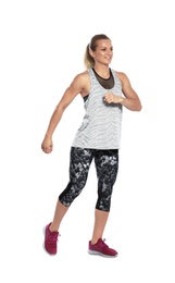 Photo of Young female runner exercising on white background