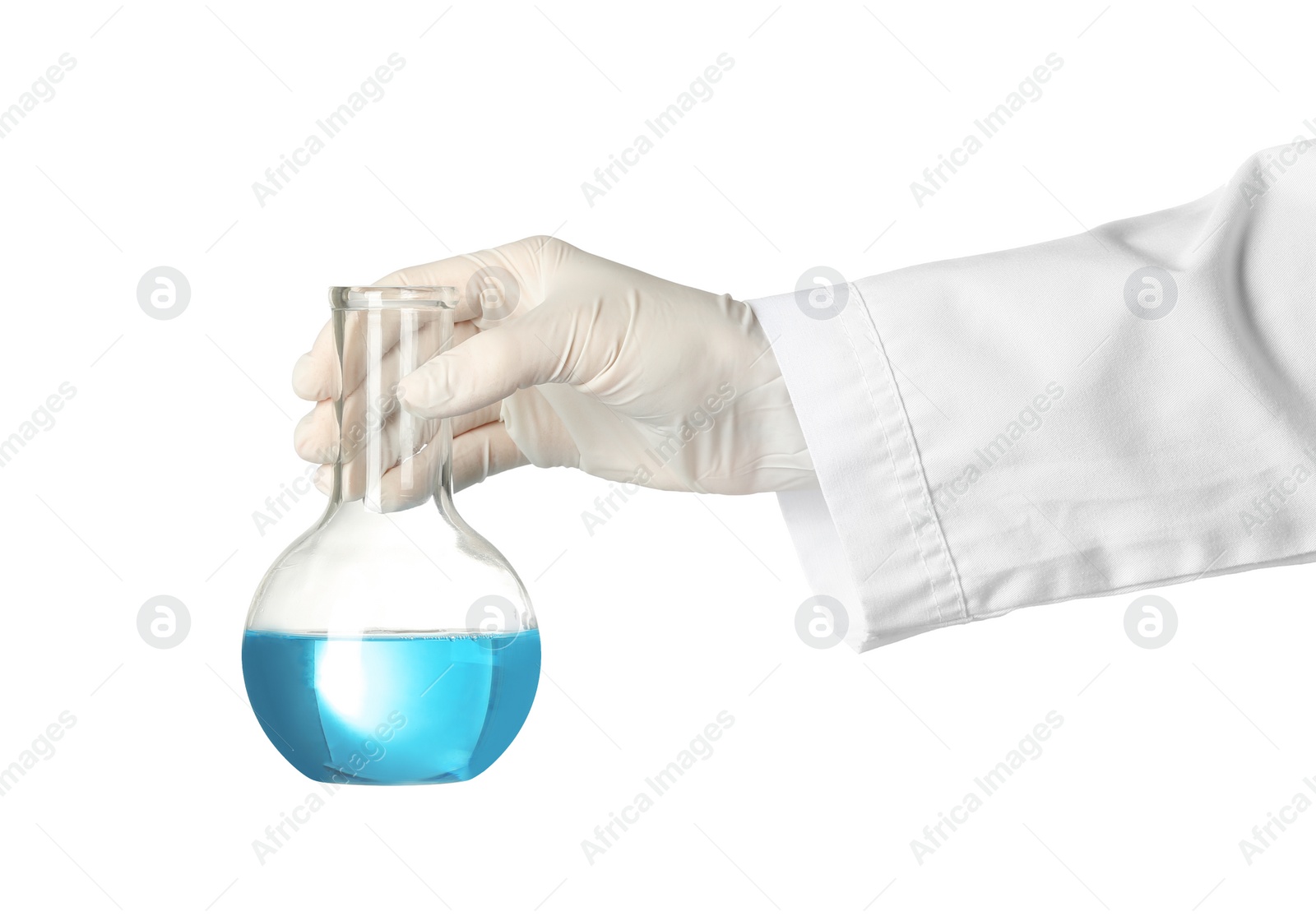 Photo of Scientist holding glass flask with liquid on white background. Chemical research