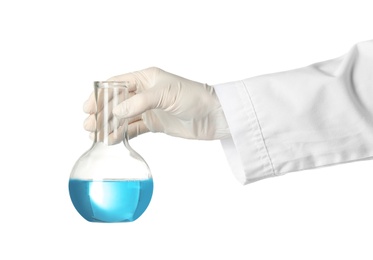 Scientist holding glass flask with liquid on white background. Chemical research