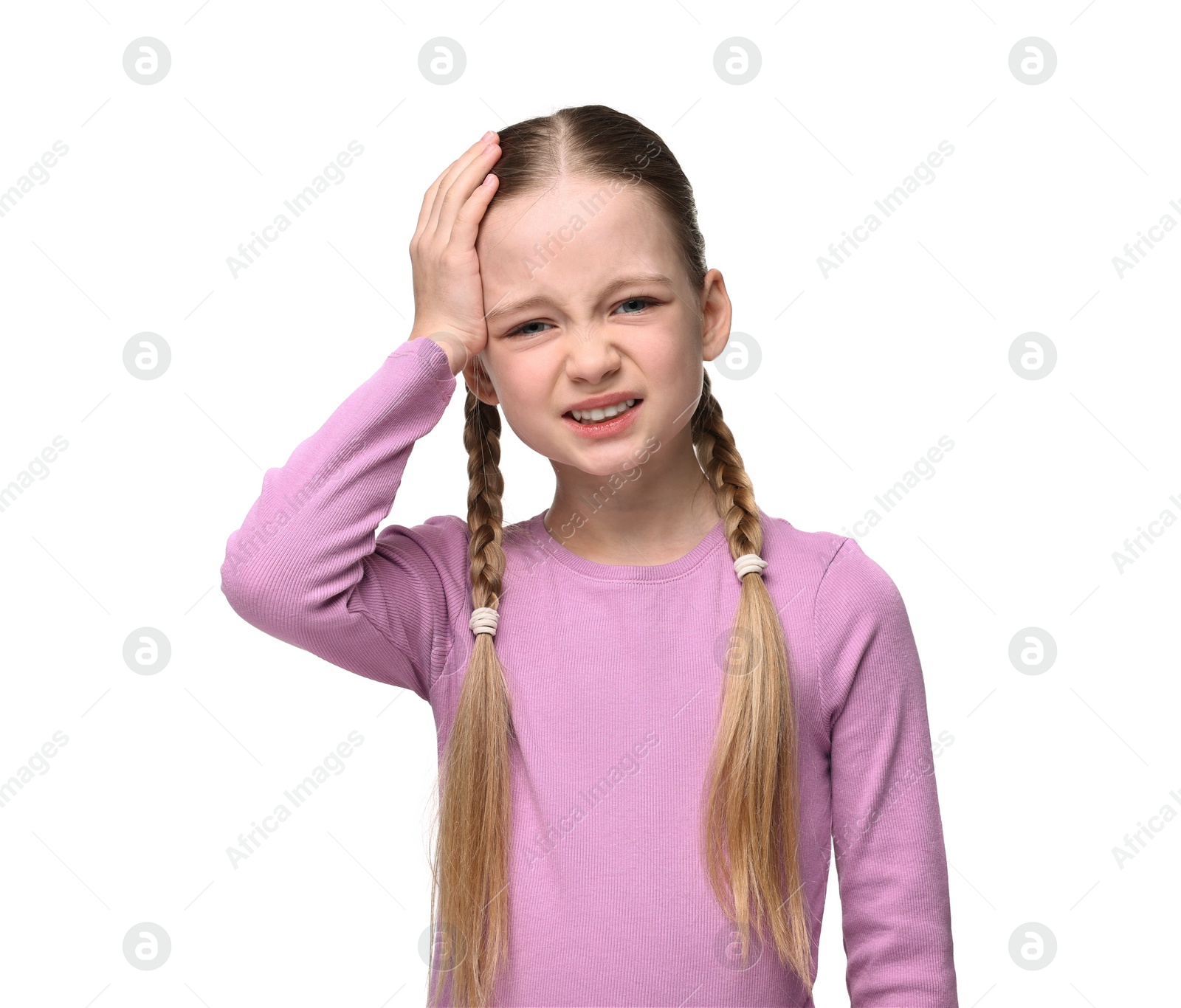 Photo of Little girl suffering from headache on white background