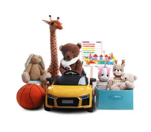 Photo of Child's electric car with other toys on white background