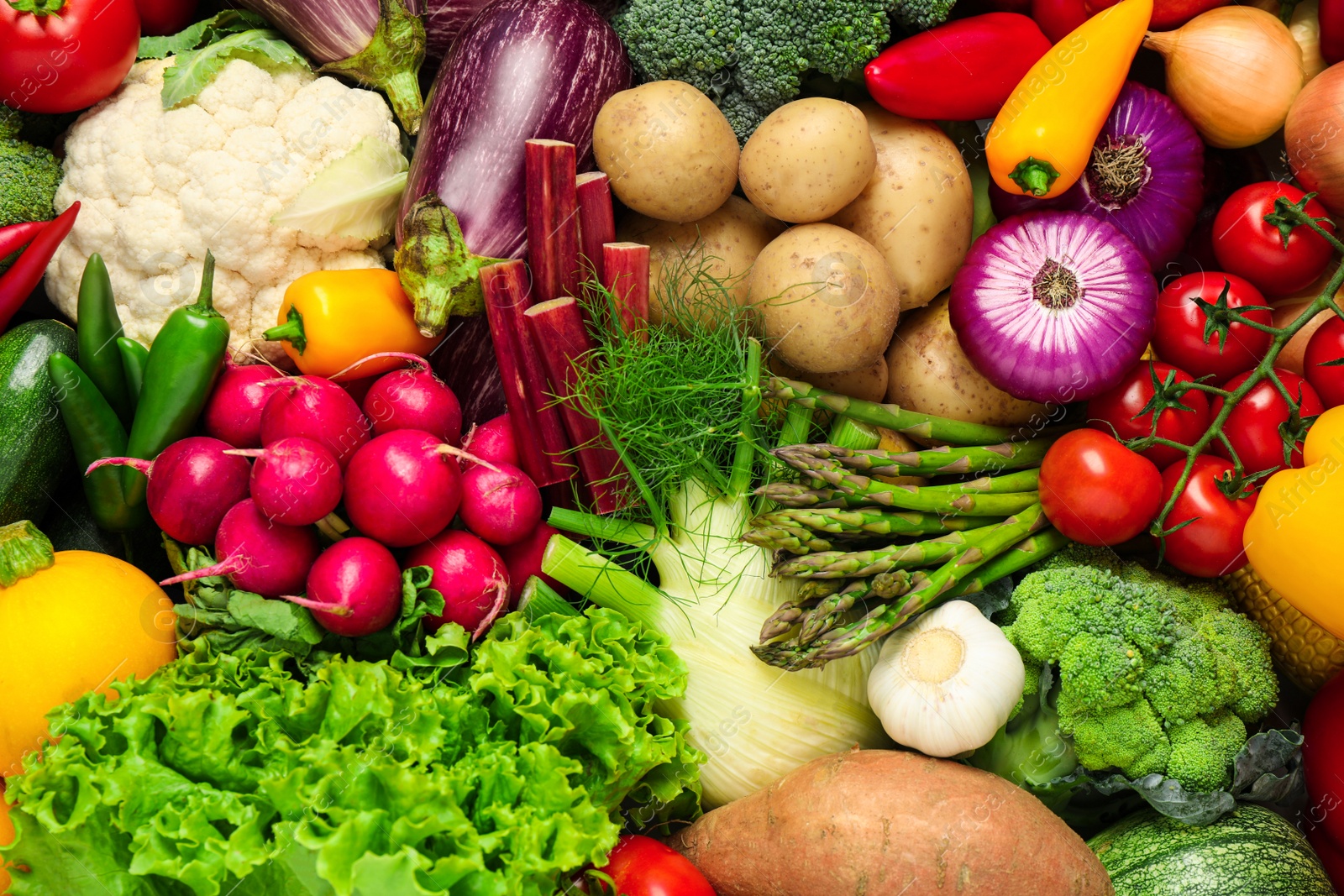 Photo of Different fresh vegetables as background, closeup view