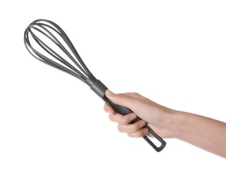 Photo of Woman holding plastic whisk on white background, closeup