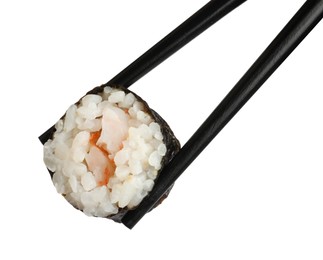 Photo of Chopsticks with tasty fresh sushi roll isolated on white